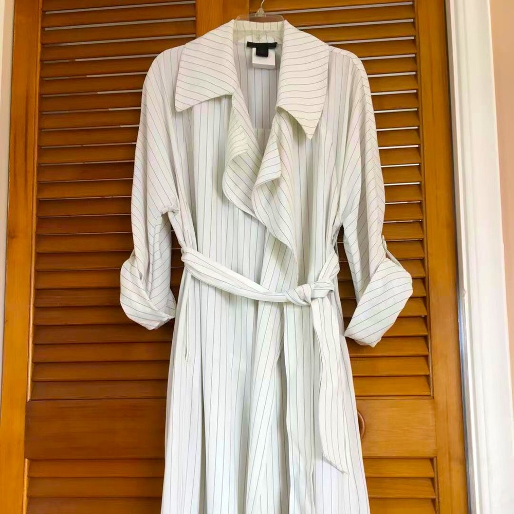 Long belted wrap coat Striped trench
